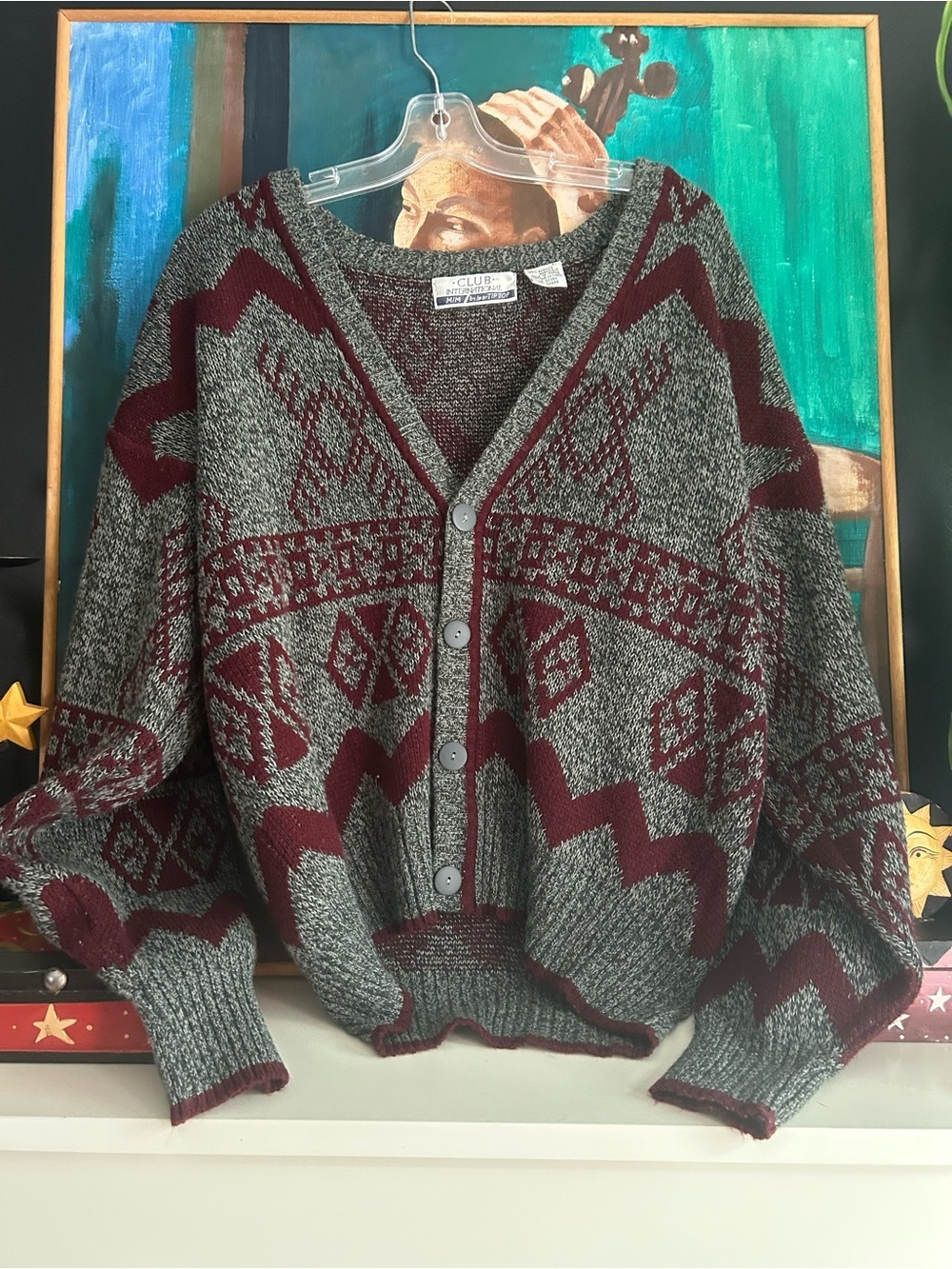 Vintage Club International Geometric Knit Grandpa Cardigan Burgundy Gray